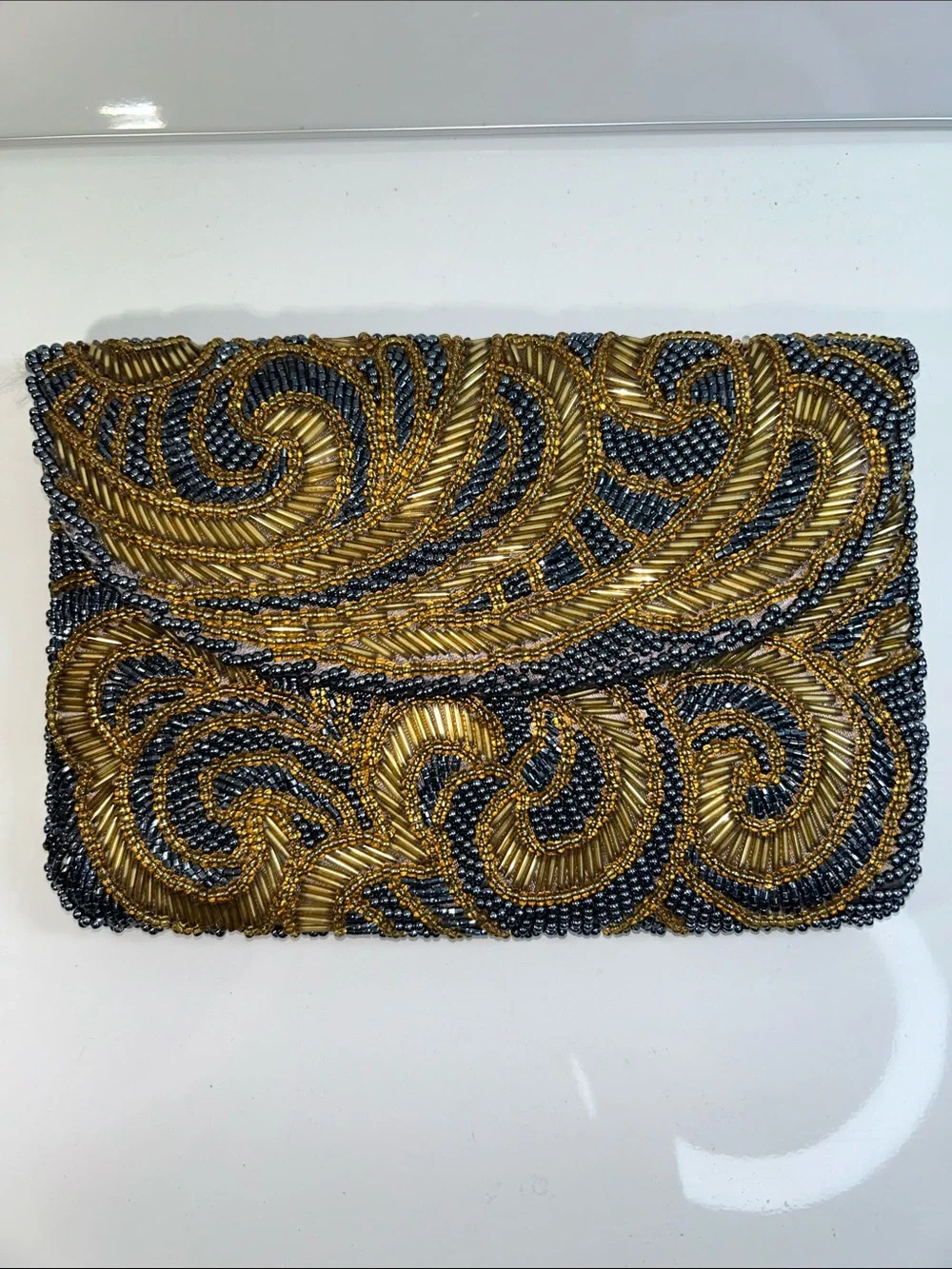 Vintage Handmade Beaded Evening Clutch Shoulder Bag With Chain Handle